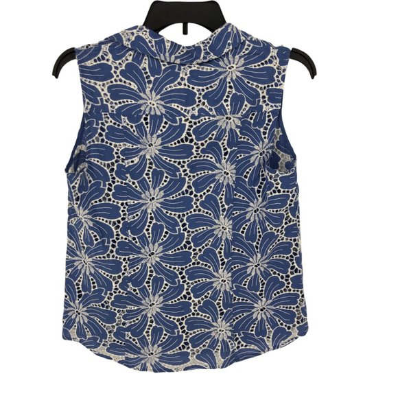 Anne Klein Top Size XS Womens Blue White Floral Eyelet Embroidered Cotton Tank T - Picture 2 of 9